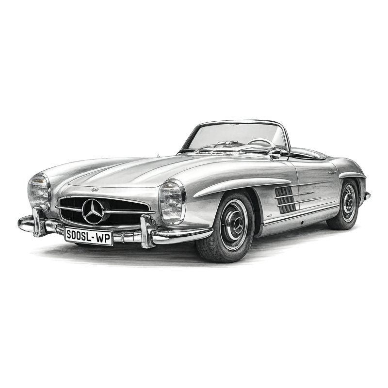 Mercedes Oldtimer Bleistift Zeichnung Kunstdruck auf Canvas Panel Leinwand
