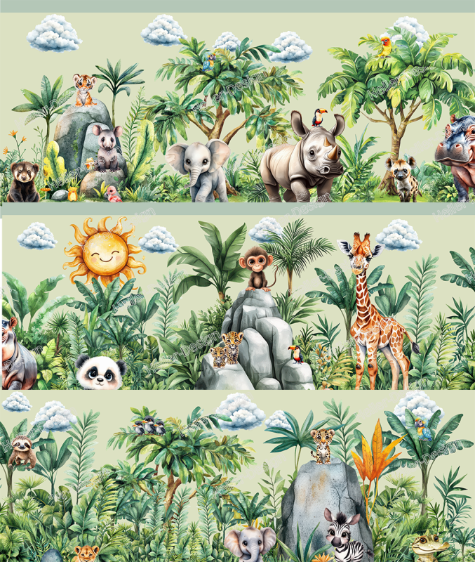 Wall Border Jungle Safari Animals Nursery Watercolor Nature Design