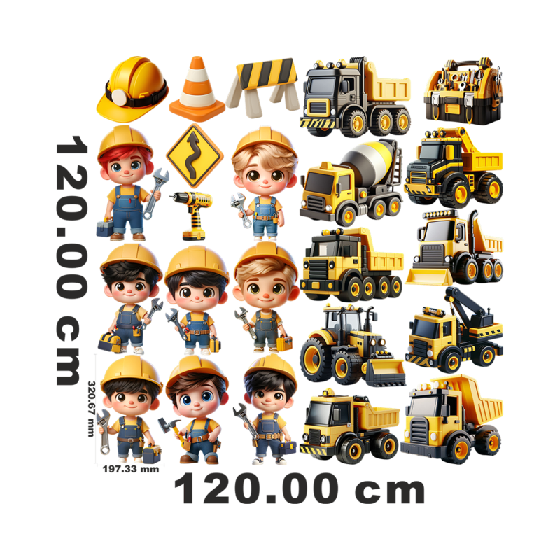 Wandtattoo Baustelle 3D Bagger Kran LKW Bulldozer Raupe Bäume Wolken Kinderzimmer 2