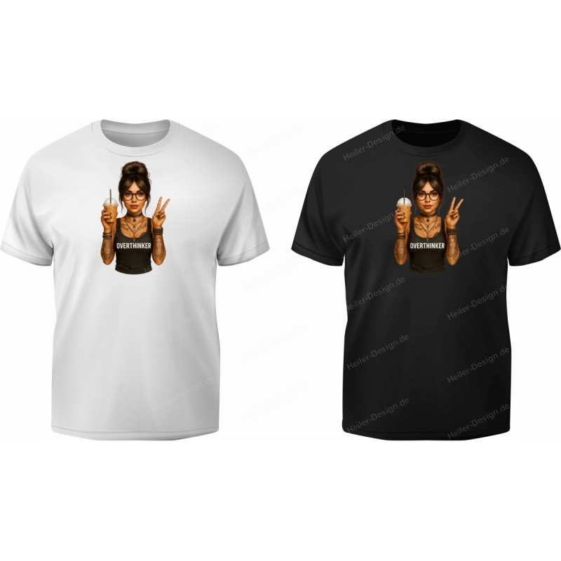 T-Shirt Girl Kaffeebecher Peace Zeichen Overthinker
