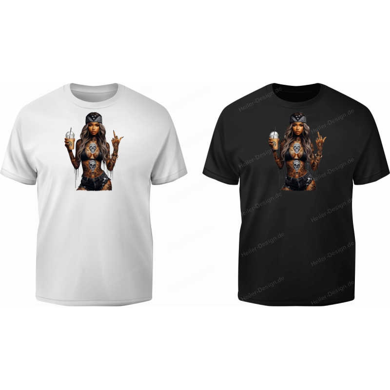 T-Shirt cooles Girl mit Kaffeebecher zeigt den Mittelfinger