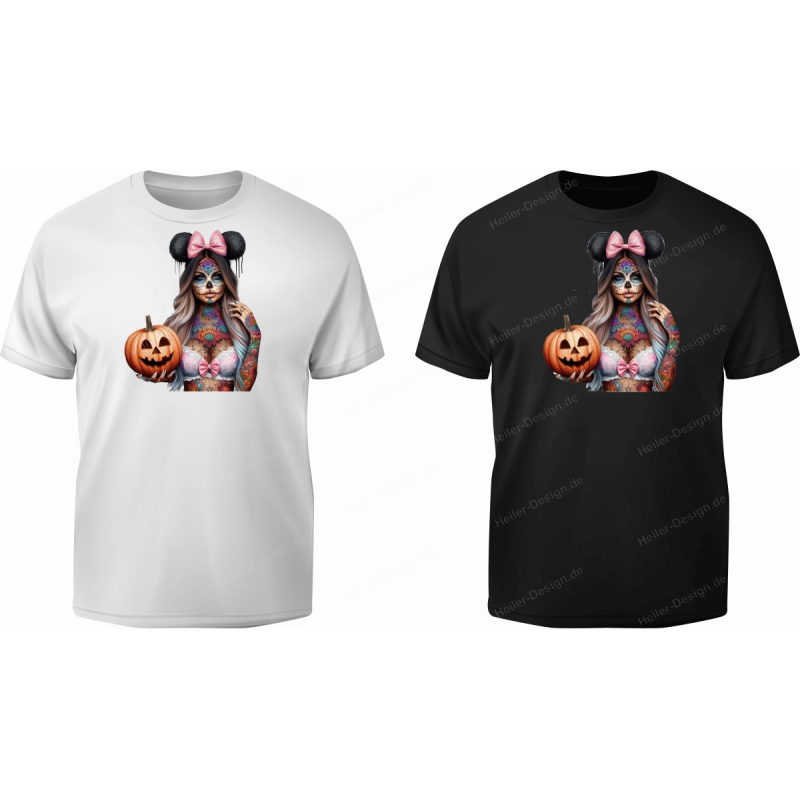 T-Shirt cooles Girl mit Tattoos und Schleife im Haar und Kürbis in der Hand