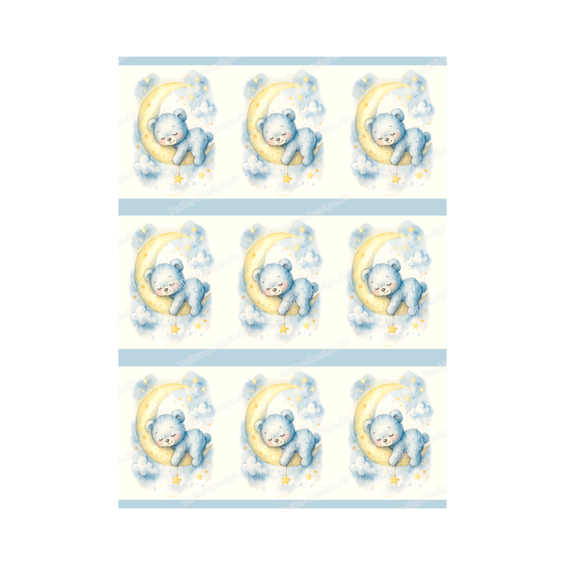 Teddybär auf Sichelmond Hellblau Aquarell Bordüre Wandtattoo Babyzimmer Deko Kinderzimmer