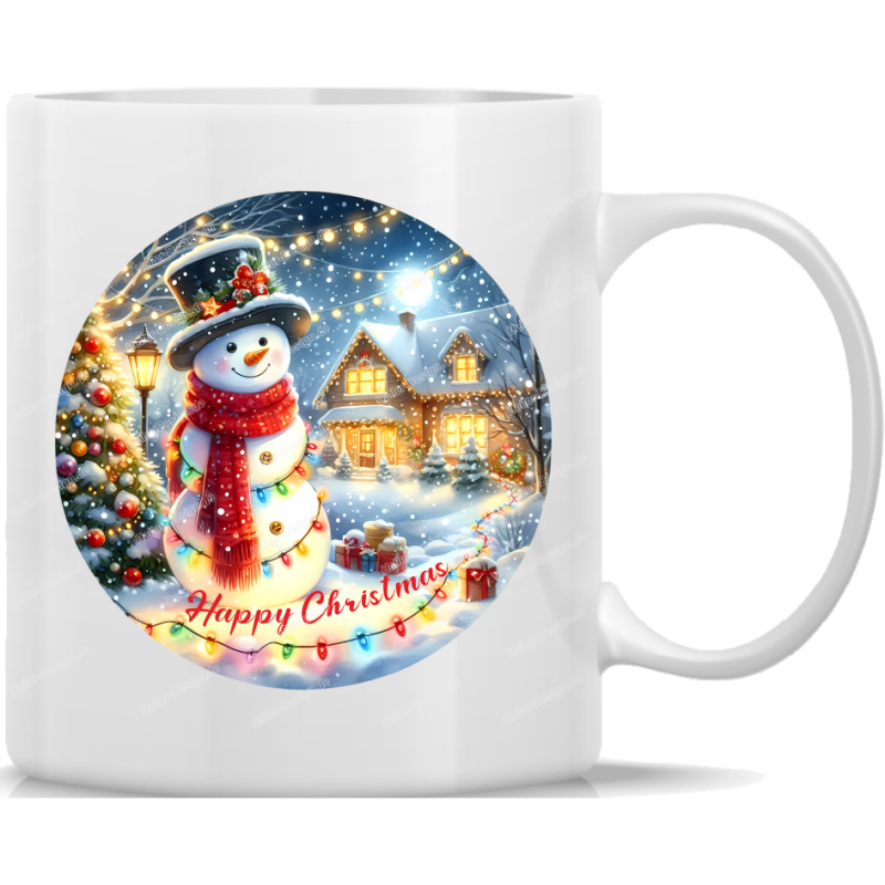 Tasse Kaffeebecher Weihnachten rund Schneemann Happy Christmas 25