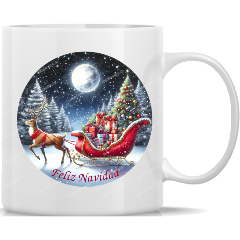 Tasse Kaffeebecher Winter rund Weihnachtsschlitten mit Geschenken Feliz Navidad 29
