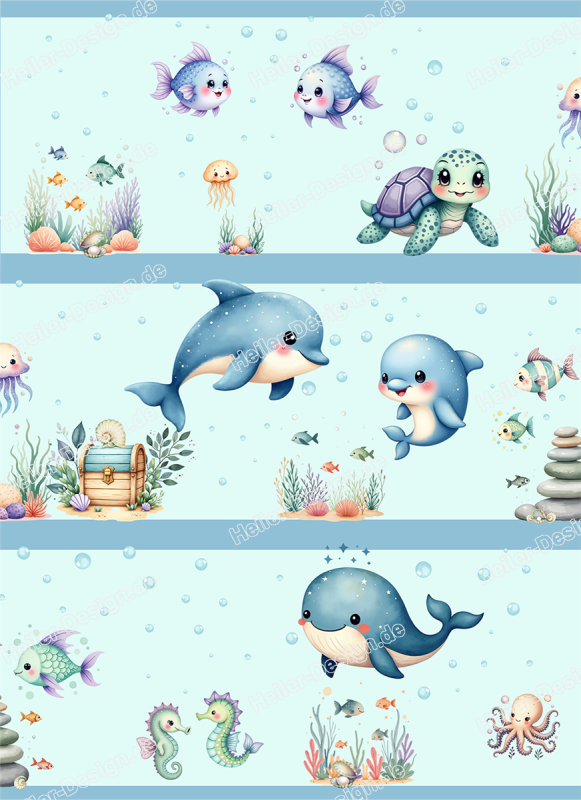 Wandborduere Meereswelt Delfin Wal Schildkroete Seepferd Kinderzimmer Deko