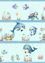 Wandborduere Meereswelt Delfin Wal Schildkroete Seepferd Kinderzimmer Deko