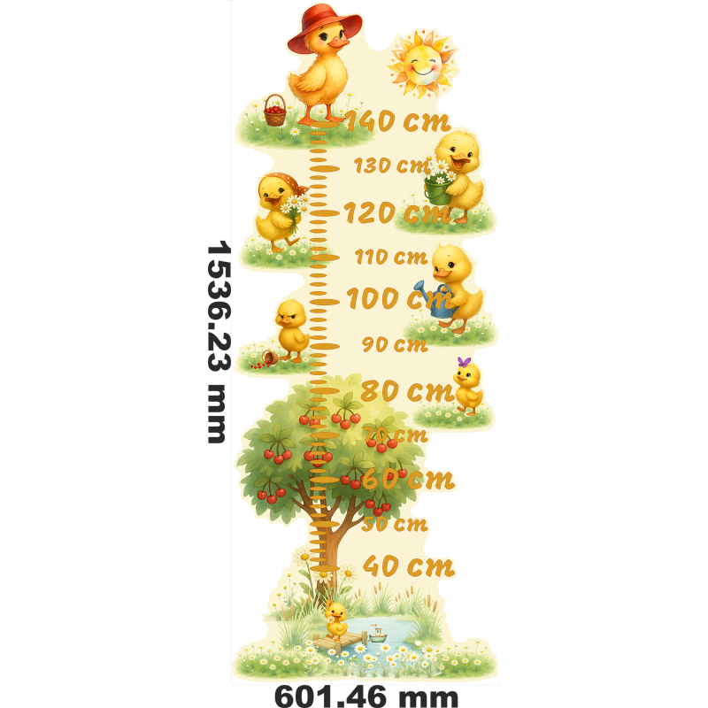 Kindermaßband Wandtattoo Küken auf der Wiese mit Sonne und Kirschbaum Kinderzimmer Deko Messlatte Babyzimmer