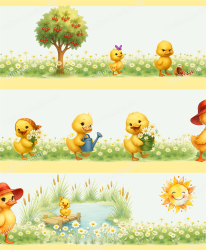 Wall Border Chicks Nursery Meadow Sun Cherry Tree Pond