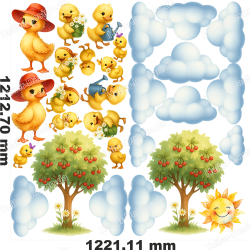 Wandtattoo Küken auf der Wiese mit Sonne und Kirschbaum Kinderzimmer Deko Babyzimmer