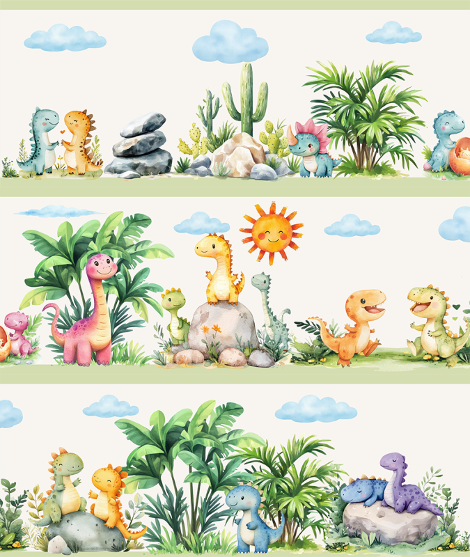 Wandborduere Dinosaurier Babyzimmer Urzeit Tiere Dschungel Sonne Wolken