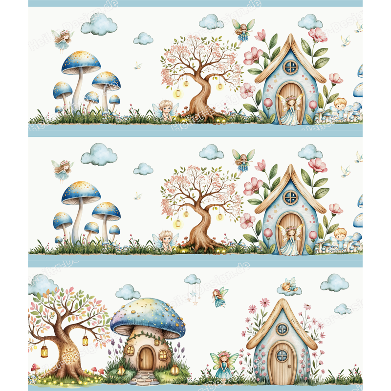 Kinder Bordüre Fantasie Feen Märchenwald Elfen Pilzhäuser Zauberhafte Traumwelt 1