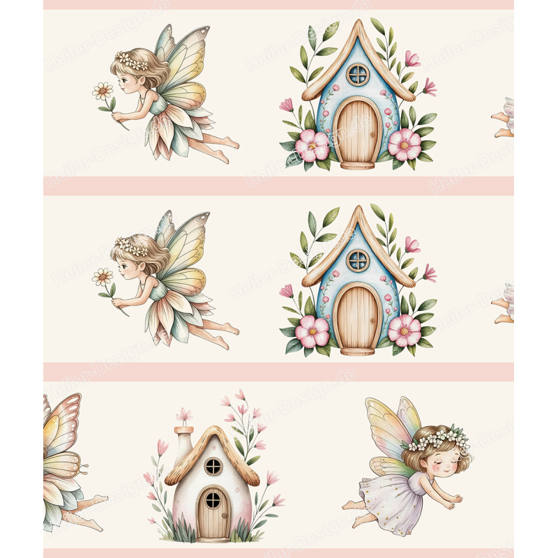 Kinder Bordüre Zarte Feen Elfenhäuser Blumenwald Pastell Märchenwelt Deko 2