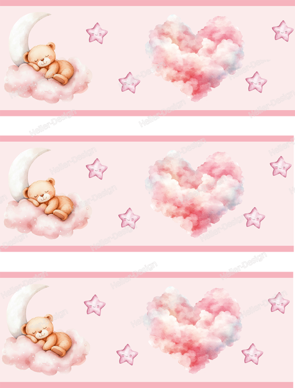 Wandborduere Teddy auf Wolke mit Herz Sternen Babyzimmer Maedchen Deko