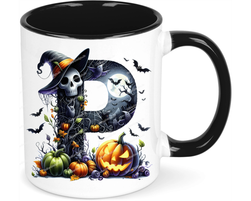 Halloween Mug Alphabet Letter Mug Spooky Personalized Gift Idea P Yes with Text First Name Initials