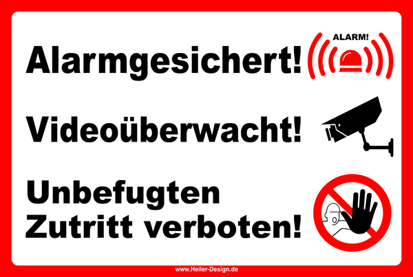 Warning Sign Alarm Secured! Under Video Surveillance! No Unauthorized Access! 150 mm x 300 mm Stickers 2 x Double-sided foam adhesive pads Corners square