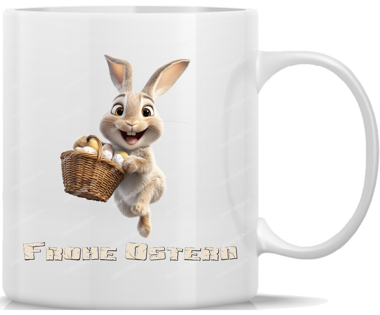 Tasse Kaffeebecher Frohe Ostern fröhlicher Osterhase mit Eierkorb personalisierbar