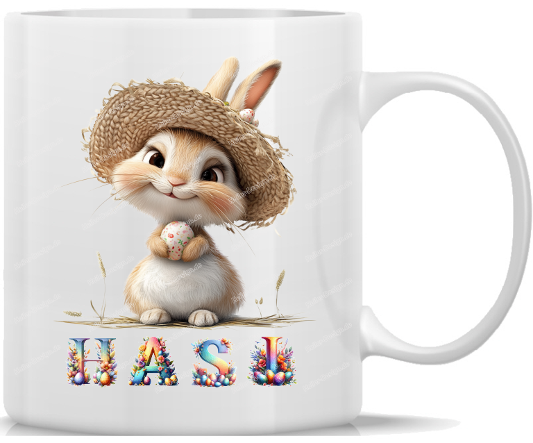 Mug Coffee Cup Hasi Cute Easter Bunny with Straw Hat and Egg Personalized