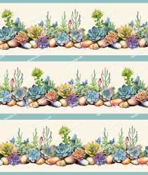 Wall Border Succulents on Stones Watercolor Floral Vine...