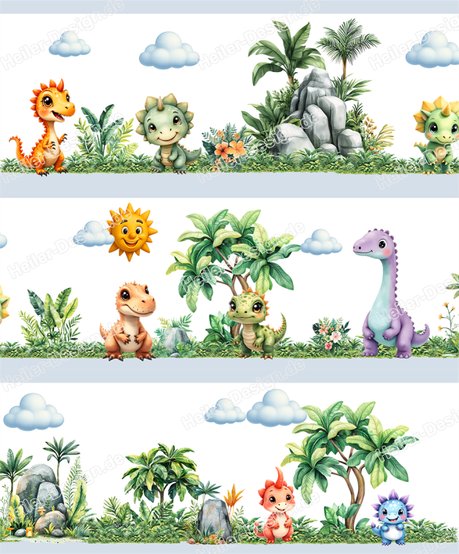 Wandborduere Dinosaurier Babyzimmer Urzeit Palmen Felsen Sonne