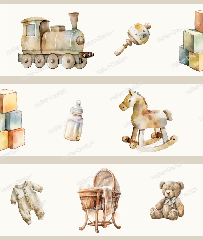 Wandborduere Babyzimmer Spielzeug Eisenbahn Teddybär Schaukelpferd