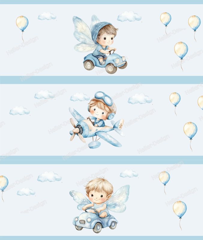Wandborduere Jungen mit Flugzeug Auto Fee und Ballons in Blau Aquarell