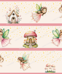 Wall Border Fairy Tale Fairies Mushroom House Stars in Pink Watercolor