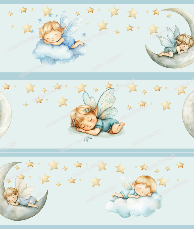 Wall Border Sleeping Fairy Moon Stars Clouds Baby in Blue Watercolor