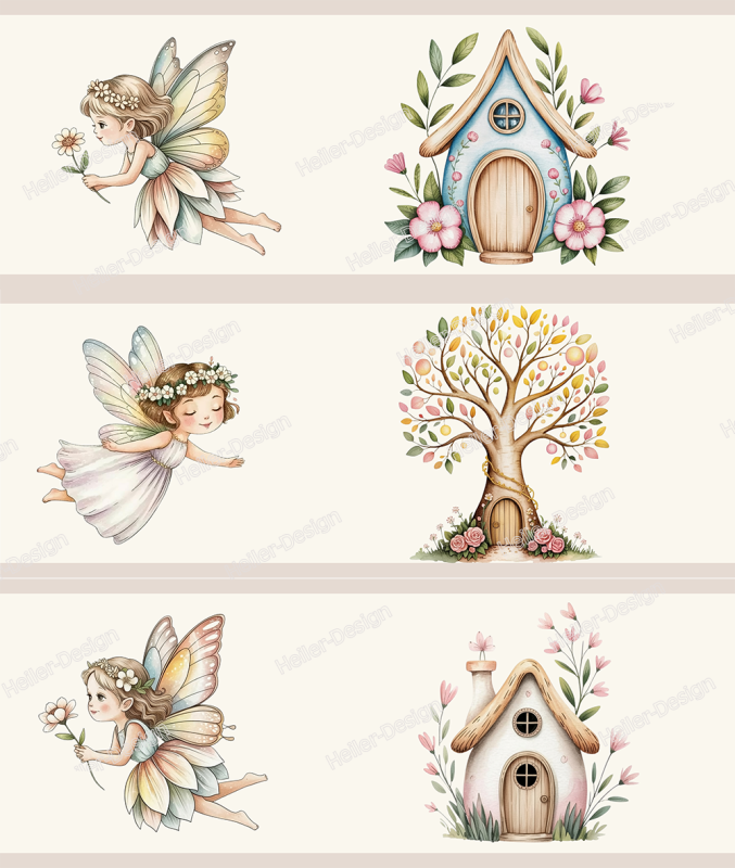 Wall Border Fairy Tale Fairies Flower House Tree Pastel Nature Watercolor
