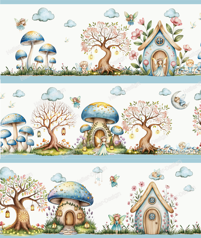 Wall Border Fairy Forest Mushroom House Tree Lights Nature Blue Watercolor