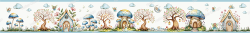 Wall Border Fairy Forest Mushroom House Tree Lights Nature Blue Watercolor