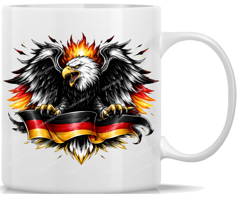 Mug Germany Eagle with Flames and Waving Black Red Gold Flag Powerful Patriotic Design with Detailed Federal Eagle Artwork