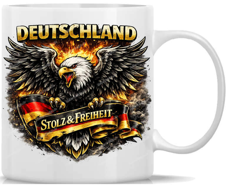 Tasse Deutschland Stolz und Freiheit Gold Schriftzug Adler mit Flammen und Schwarz Rot Gold Flagge kraftvolles Statement