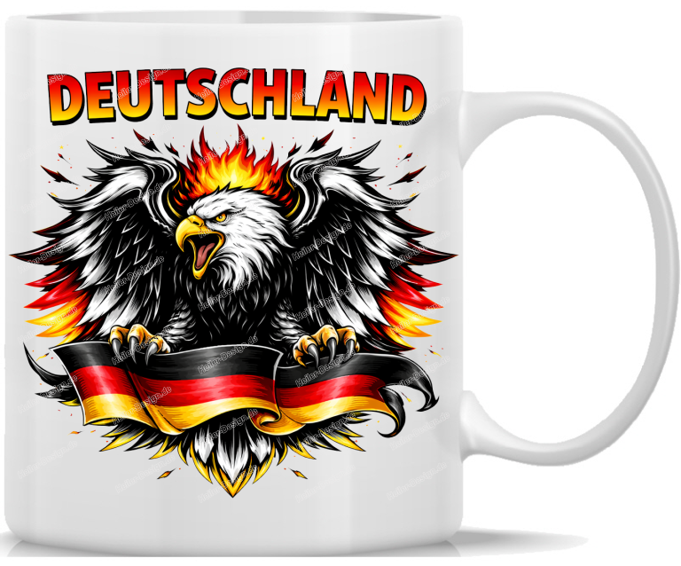 Mug Germany Eagle with Flames and Waving Black Red Gold Flag Powerful Statement Design with Large Germany Lettering Comic Style