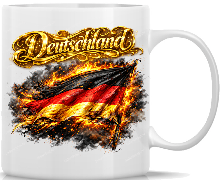 Mug Germany Golden Lettering with Waving Black Red Gold Flag in Flames Powerful Statement Vintage Design