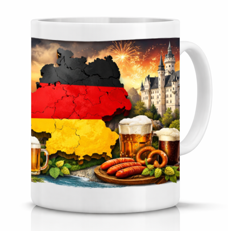 Tasse Deutschland Panorama mit Flagge Wahrzeichen Bier Bratwurst Schwarz Rot Gold