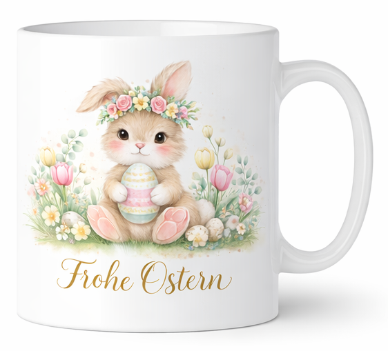 Mug Happy Easter cute Easter Bunny with flower crown and egg watercolor design