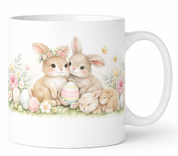 Mug Easter bunny family with flowers and pastel egg watercolor design