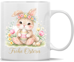 Tasse Kaffeebecher Frohe Ostern Osterhase mit Blumenkranz...