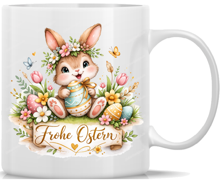 Mug Happy Easter bunny with ribbon egg and flowers watercolor design