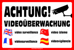 Warnschild Achtung! Videoüberwachung in 4 Sprachen