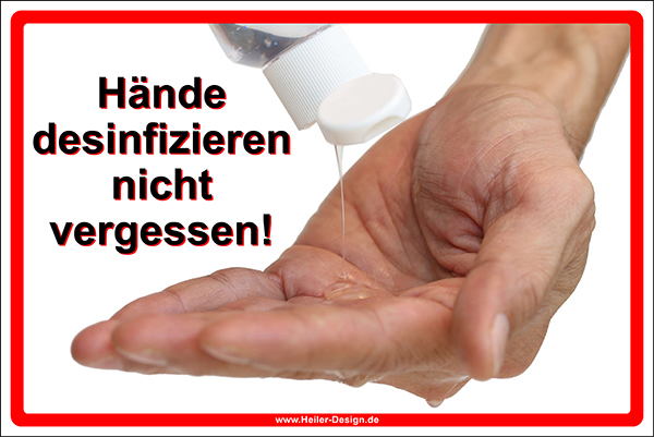 Hinweisschild Hände desinfizieren nicht vergessen! 1 300 mm x 400 mm 2 mm PVC Hartschaumplatte 4 x Beidseitig Schaumklebepads Ecken eckig