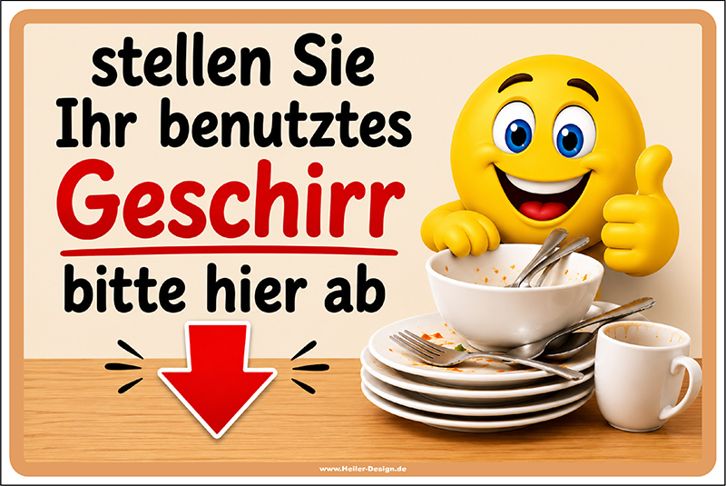 Hinweisschild Stellen Sie Ihr benutztes Geschirr bitte hier ab. Pfeil nach unten.