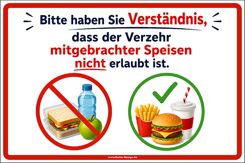 Hinweisschild Bitte haben Sie Verständnis, dass der Verzehr mitgebrachter Speisen nicht erlaubt ist.