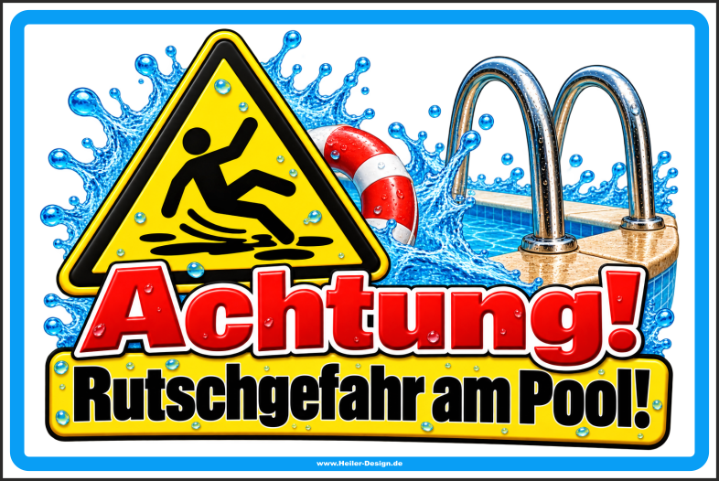 Hinweisschild Achtung! Rutschgefahr am Pool!