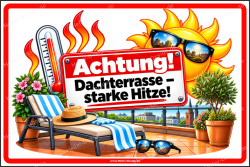 Hinweisschild Achtung! Dachterrasse – starke Hitze!