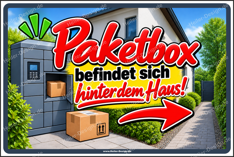 Hinweisschild Paketbox befindet sich hinter dem Haus!