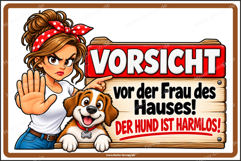 Sprücheschild Vorsicht vor der Frau des Hauses! Der Hund ist harmlos!