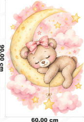 Wandtattoo Teddybär auf Sichelmond mit rosa Wolken und Sternen Aquarell