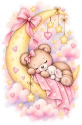 Wandtattoo Teddybär mit Häschen auf Sichelmond rosa Aquarell Mädchen